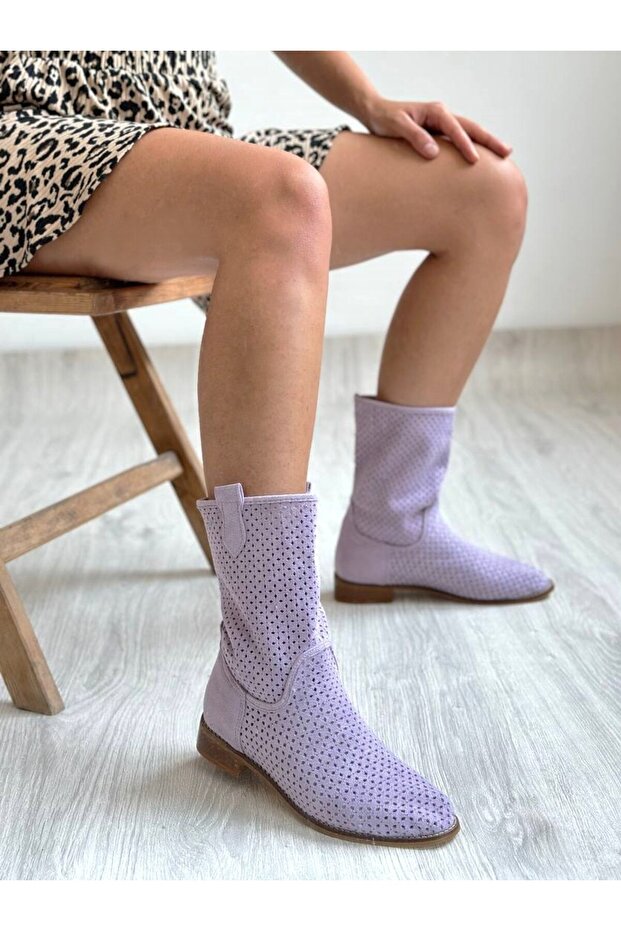 Lilac Suede Laser Cut Perforated Short Heeled Casual Summer Short Boots