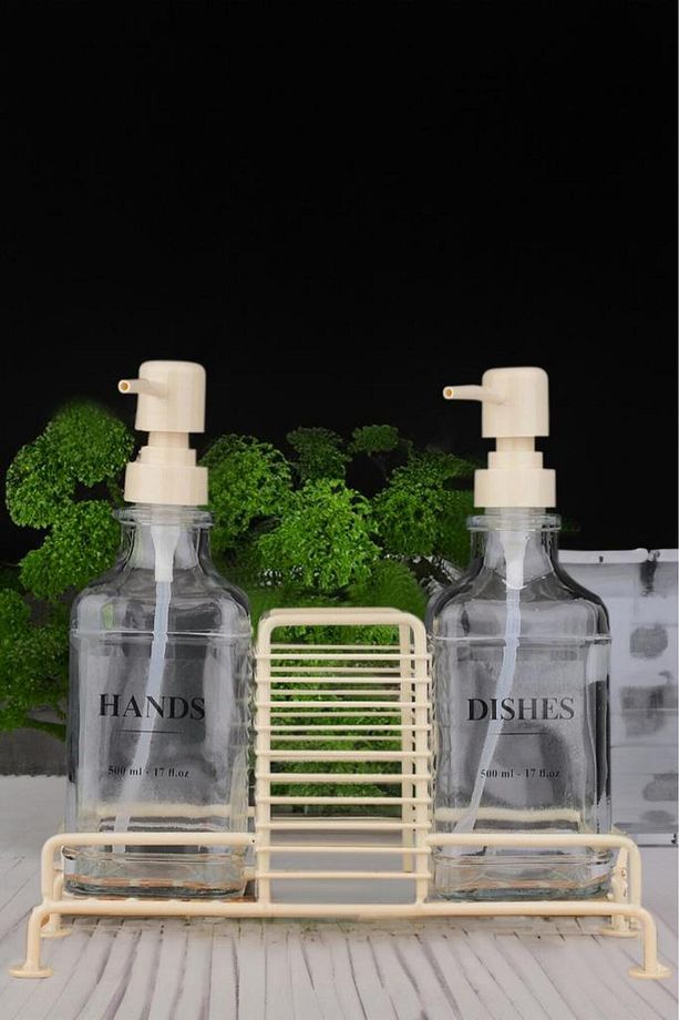 2’li Metal Standlı Cam Sıvı Sabun Ve Losyon Şişesi Sabunluk 500 ml Krem – B/1 C1-1-289 - 1