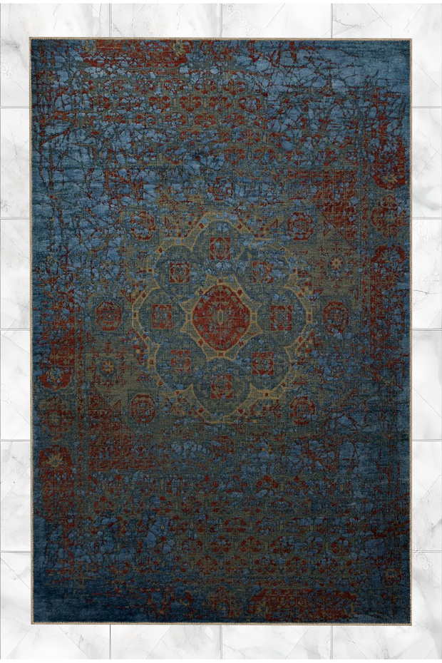 Blue Themed Traditional Motif Antique Patterned Vintage Decorative Carpet 5248