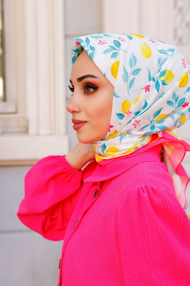 Limon Desenli Eşarp- Meyve Desen Fuşya - 2