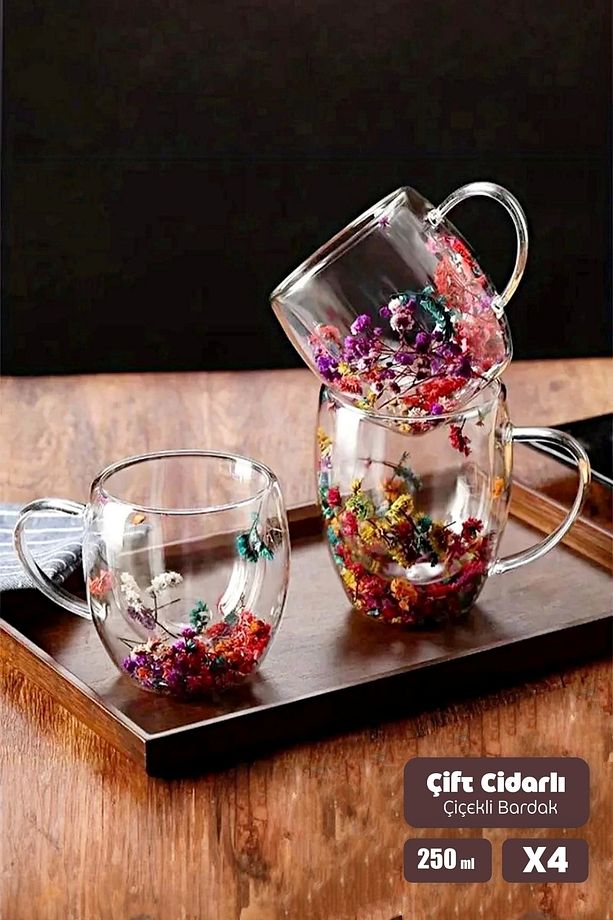4lü Çift Cidarlı Çiçekli Kulplu Borosilikat Cam Bardak Flower Kahve Sunum Meşrubat Bardağı 250ml - 1