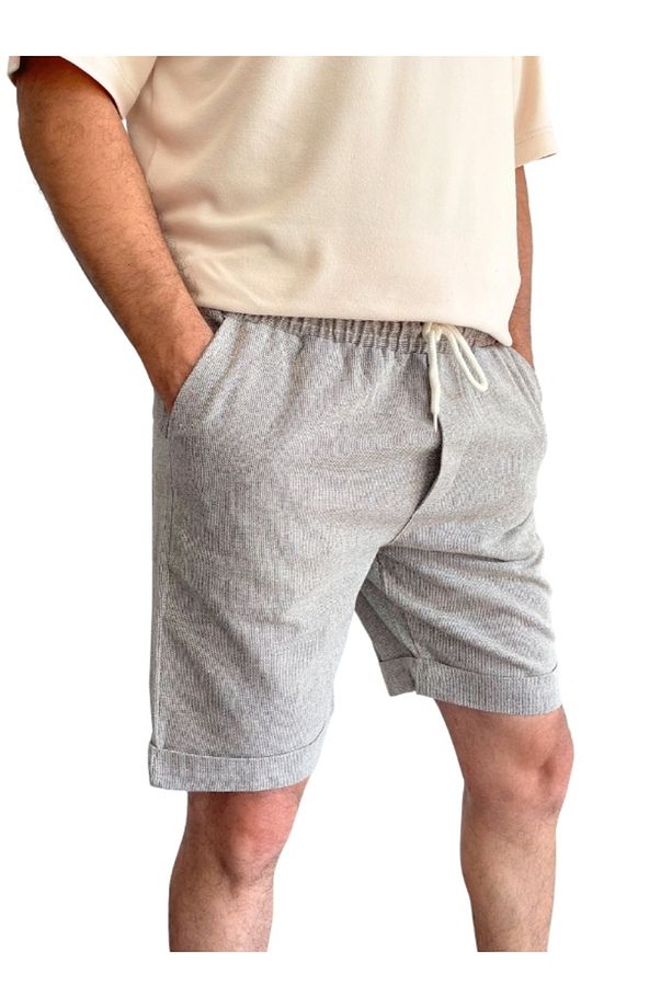Beli Lastikli Bağcıklı Pamuk Keten Erkek Şort Kahve - 6