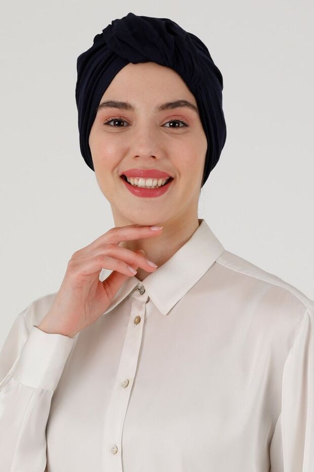 Ready Turban Bonnet Wrapped Combed Navy Blue Combed Cotton Banded Women's Hijab Outer Bonnet