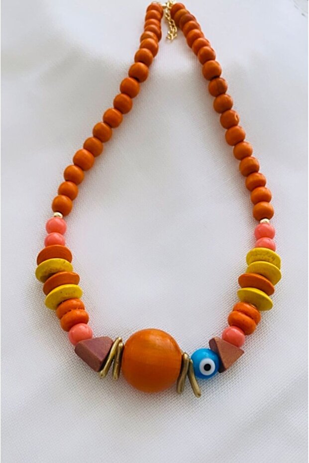 Evil Eye Bead Detailed Wooden Bead Necklace