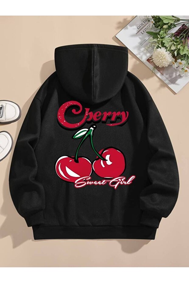 Unisex Cherry Printed Oversized Winter 3-Thread 100% Cotton Hooded Sweatshirt Hoodie