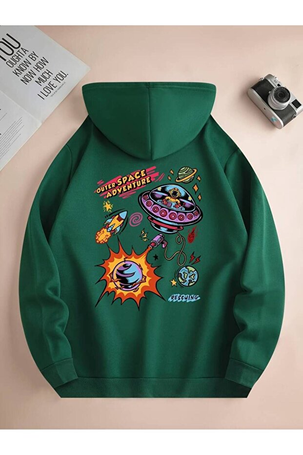 Space Adventure Astronaut Printed - 3 Thread 100% Cotton Oversize Hooded Sweatshirt