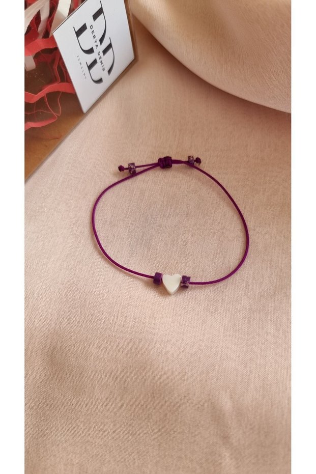 Women's White Pearl Heart Detailed Purple Macrame Lucky Bracelet
