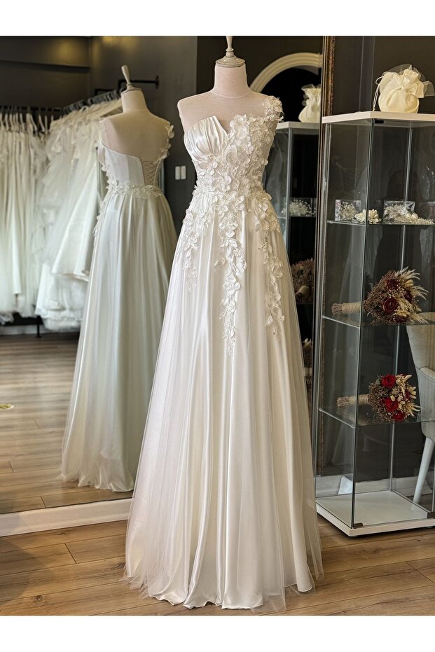 White 3D Large Flower Print and Satin Draped Wedding Dress and Wedding Dress