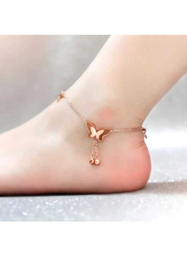 Stainless Steel Butterfly Detail Women's Anklet 20+5 cm Rose