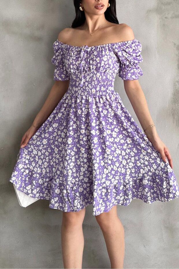 Gipeli Balloon Sleeve Princess Square Neck Off Shoulder Daisy Patterned Wrinkled Dress