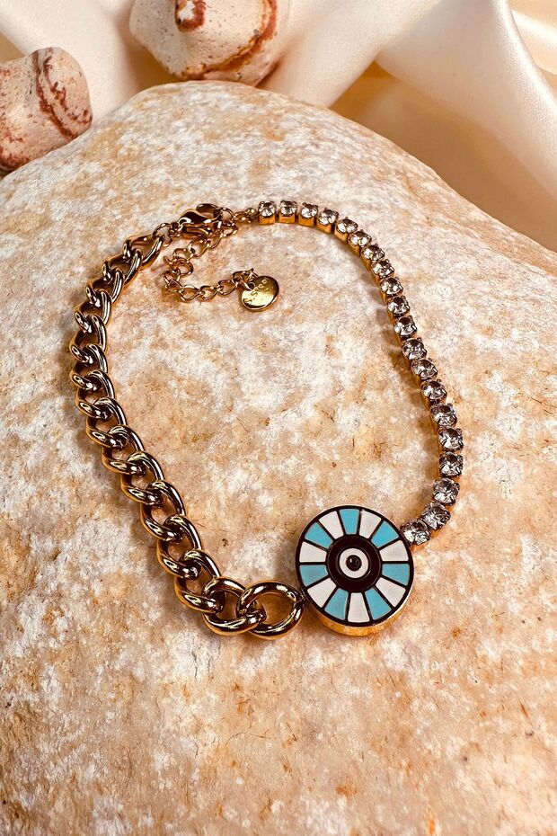Steel Zircon Stone Chain Double Combination Evil Eye Bead Turquoise White Enamel Stainless Women's Bracelet
