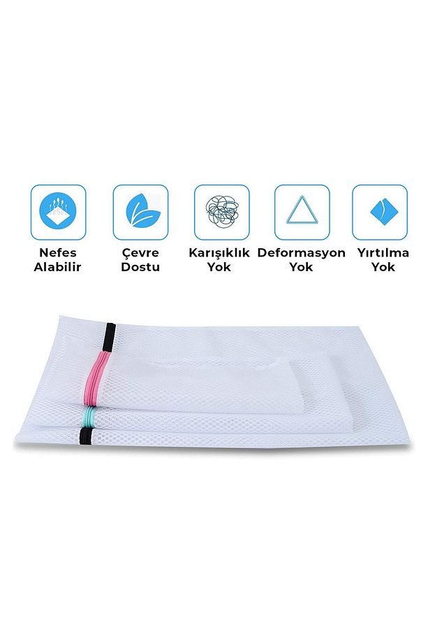 3 Adet Büyük Orta ve Küçük Boy Perde Ve Çamaşır Yıkama Filesi Pratik Sihirli Makine Torbası - 3