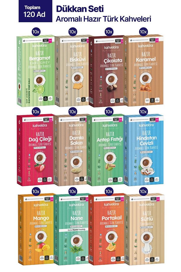 Dükkan Seti - 100g Aromalı Hazır Türk Kahveleri - 120 Adet - 12 Çeşit - Sütlü Yumuşak Içim - 1