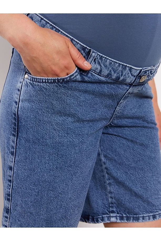 Karın Panelli Standart Fit Düz Hamile Jean Şort - 3