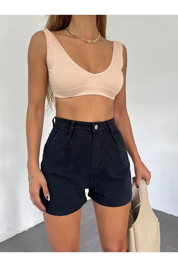 Çift Cepli Pileli Mini Denim Şort - 1