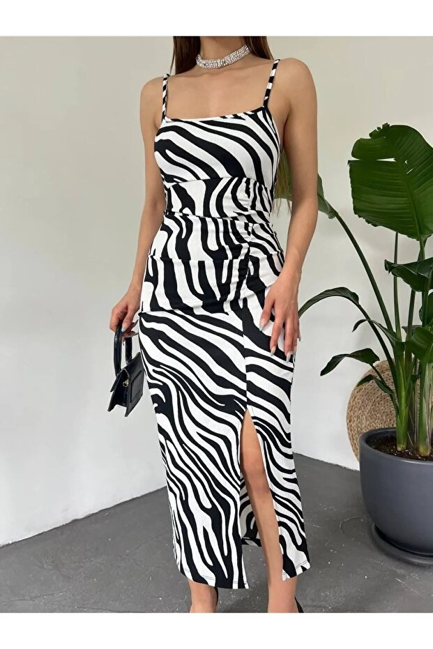 Zebra Patterned Strappy Deep Slit Wrapped Summer Dress