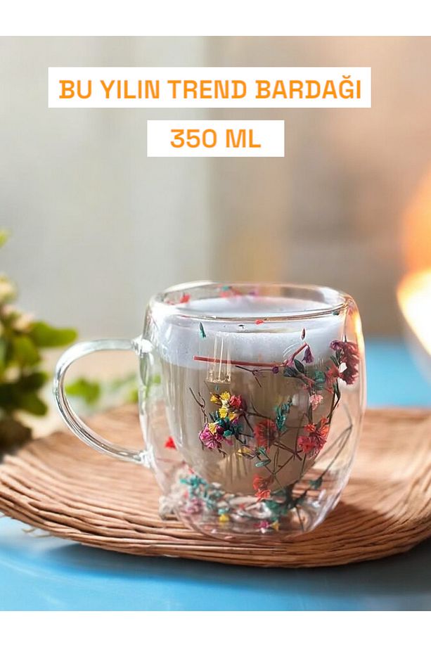 Isıya Dayanıklı Borosilikat Çift Çidarlı 350 Ml Çiçekli Bardak | Çiçekli Kahve Sunum Bardağı - 1