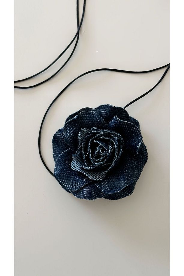 Bağcıklı Kot Kumaş Çiçek Choker Kolye Kot Gül Kolye - 3