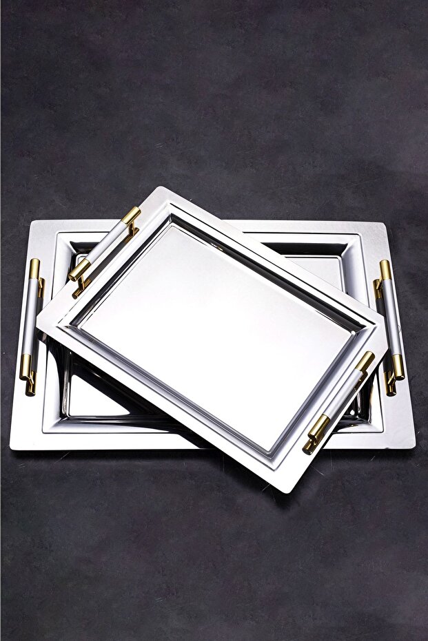 2-Piece Mercan Silver Gold Presentation Serving Coffee and Tea Tray Treat Tray