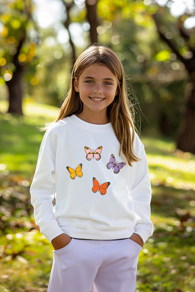 Ekru*003 Kız Çocuk Mevsimlik-İnce Kelebek Desenli Bisiklet Yaka Örme Sweatshirt TKDAW25SW00001 - 1