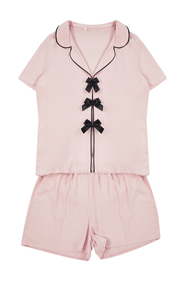 Pudra Kurdele/Fiyonk ve Biye Detaylı Viskon Şortlu Dokuma Pijama Takımı THMSS24PT00290 - 6