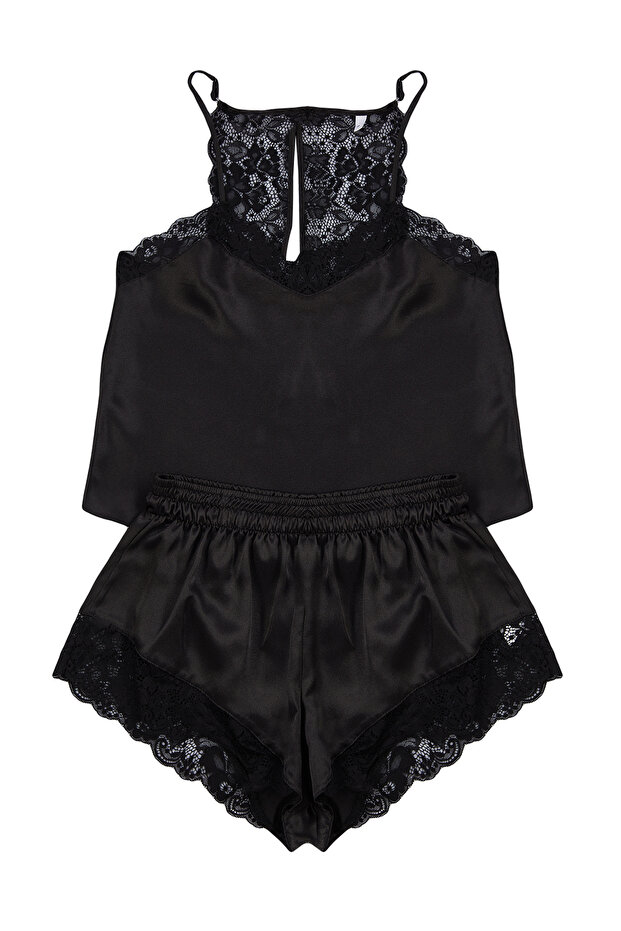 Siyah Dantelli İp Askılı Saten Şortlu Dokuma Pijama Takımı THMSS22PT0269 - 7