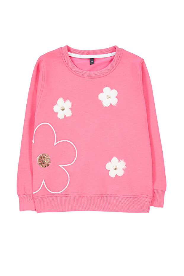 Fuşya Kız Çocuk Mevsimlik-İnce Çiçek Nakışlı Bisiklet Yaka Örme Sweatshirt TKDAW25SW00008 - 1