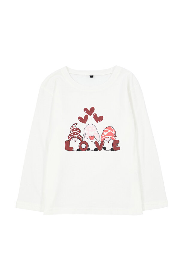 Ekru Kız Çocuk Kalp Desenli Bisiklet Yaka Pamuklu Örme T-Shirt TKDAW25TS00010 - 2