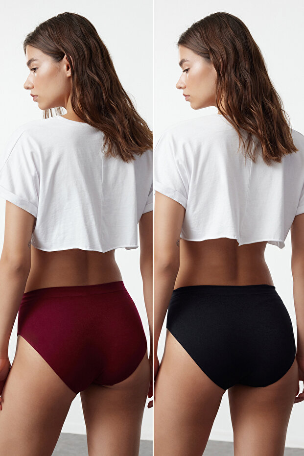 Siyah-Bordo 2'li Paket Seamless/Dikişsiz Hipster Örme Külot THMAW22KU0013 - 2