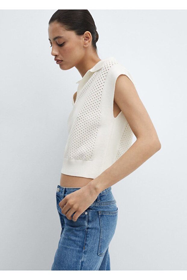 Durchbrochen gestrickte Bluse mit Polokragen - 1