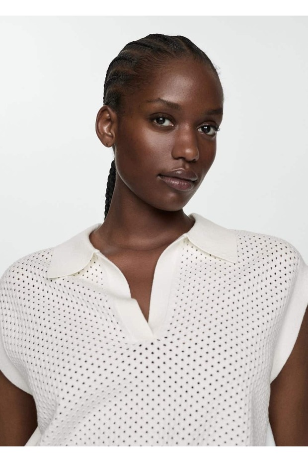 Durchbrochen gestrickte Bluse mit Polokragen - 5