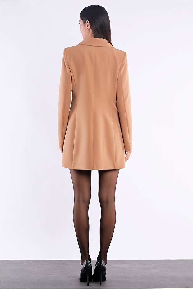 Long Gold Buttoned Camel Blazer Jacket - 4