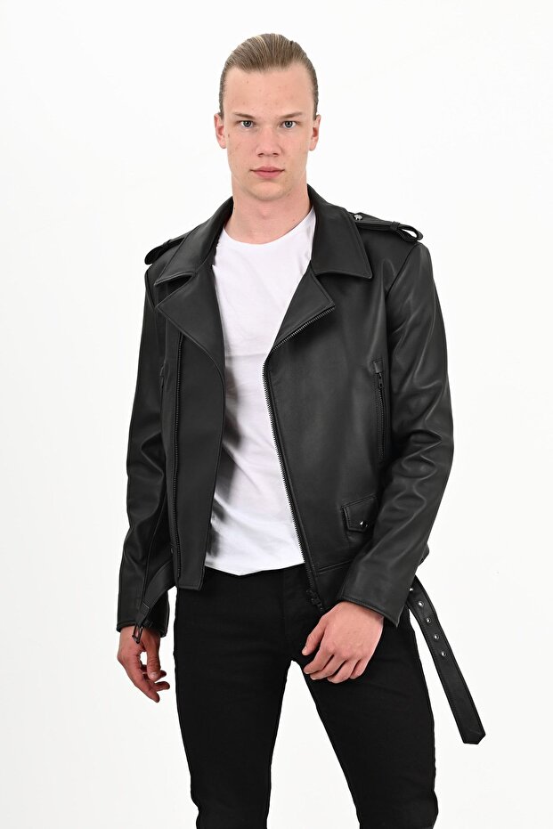 Eclipse Hakiki Deri Erkek Siyah Biker Deri Ceket - 5