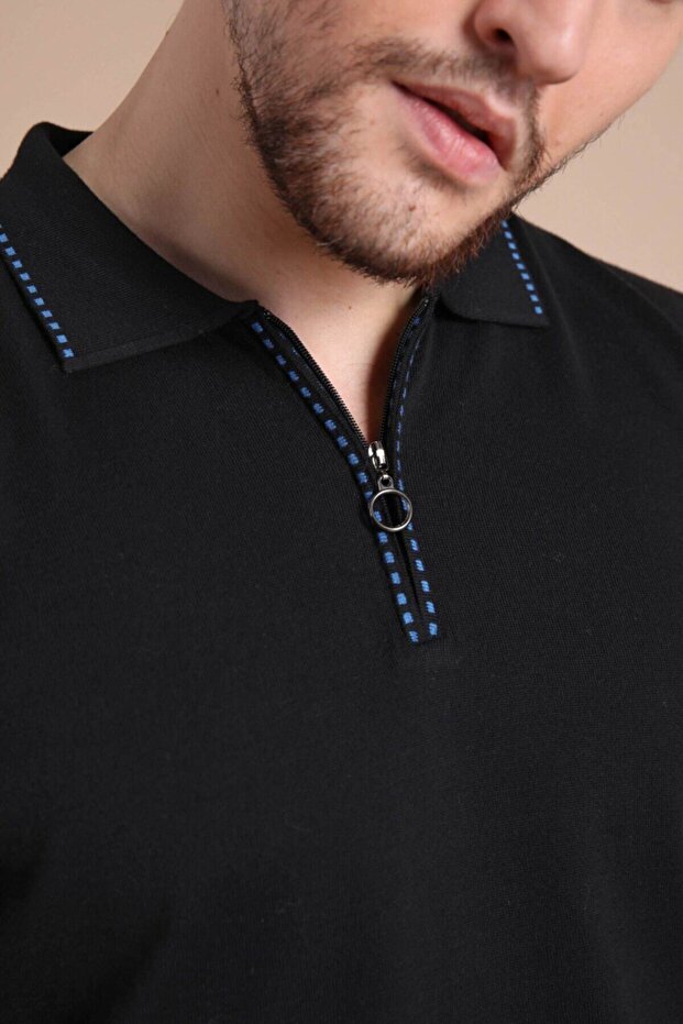 Black Polo Collar Zippered 100% Cotton Men's Knitwear T-shirt