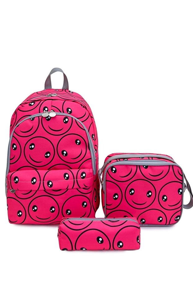 Girl's Primary School Bag Smile Patterned Backpack Feeding and Pen Holder Set of 3