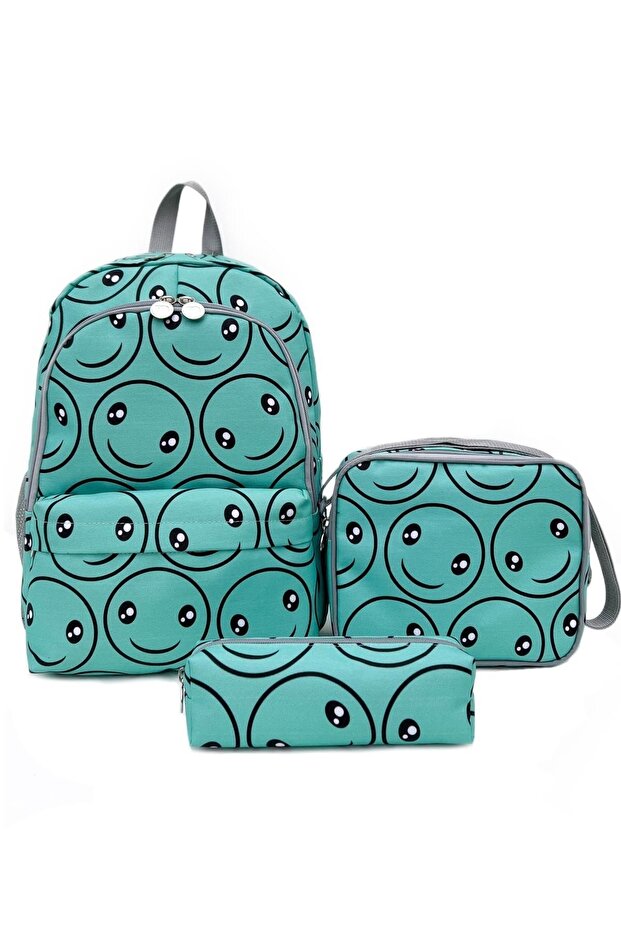 Girl's Boy's Primary School Bag Smile Patterned Backpack Feeding and Pen Holder Set of 3