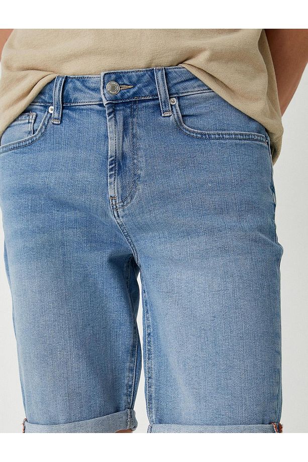 Slim Fit Kot Şort Cep Detaylı Katlamalı Paça Pamuklu - 3