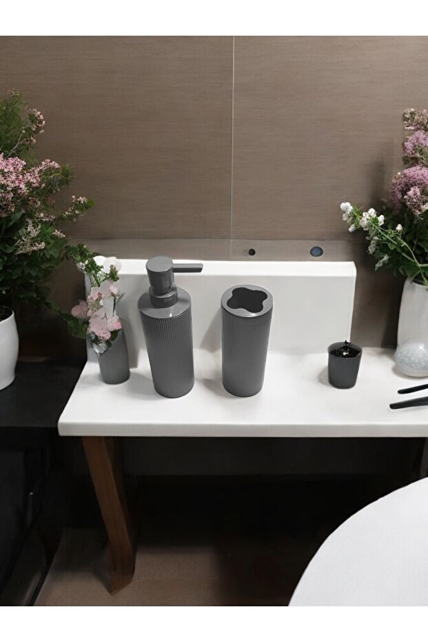 Modern Round Bathroom Set: Soap Dispenser and Toothbrush Holder, GRAY (ANTHRACITE)