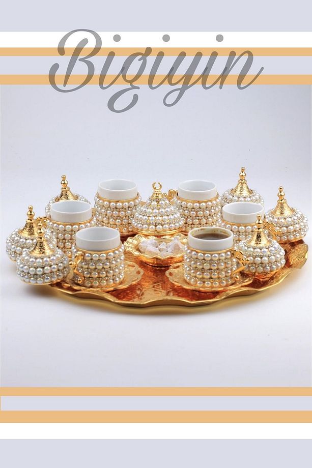 6'Lı Kahve Fincan Seti İnci Taş Ve Kristal Taşlı Kahve Fincanı Espresso Set 27 Parça - 1