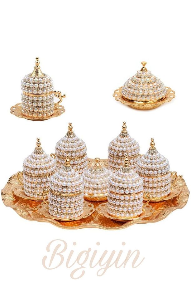 6'Lı Kahve Fincan Seti İnci Taş Ve Kristal Taşlı Kahve Fincanı Espresso Set 27 Parça - 9