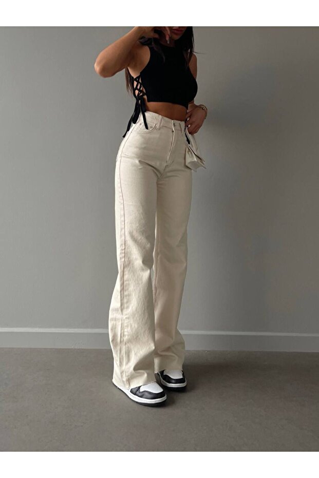Beige Palazzo Women's Denim Wide-Leg Pants