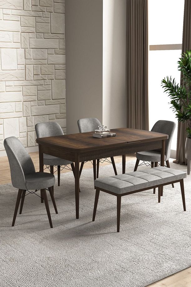 Dexa Serisi, 80x130 Açılabilir Mdf Barok Ceviz Mutfak Masa Takımı, 4 Sandalye, 1 Bench - 1