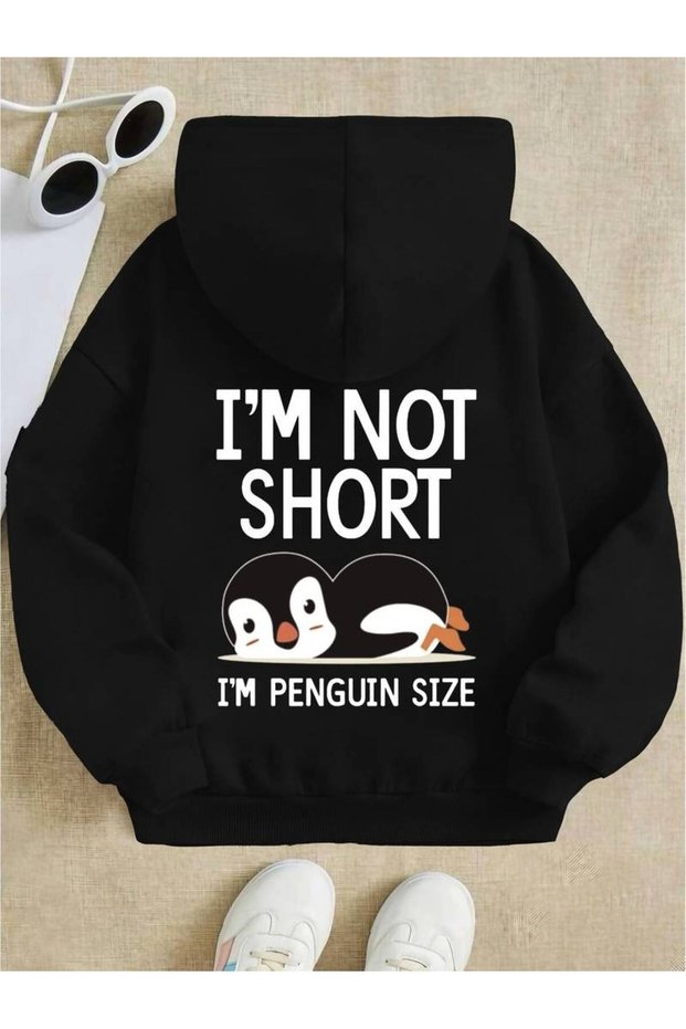 Kids' "I'm Not Short" Printed Oversized Winter 3-Thread 100% Cotton Hooded Sweatshirt