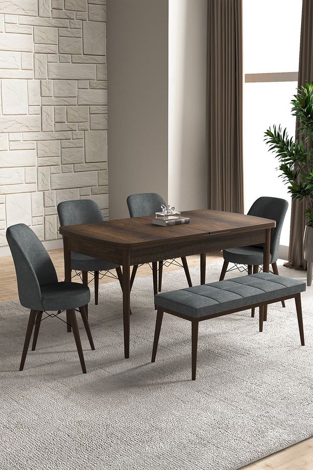 Dexa Serisi, 80x130 Açılabilir Mdf Barok Ceviz Mutfak Masa Takımı, 4 Sandalye, 1 Bench - 1