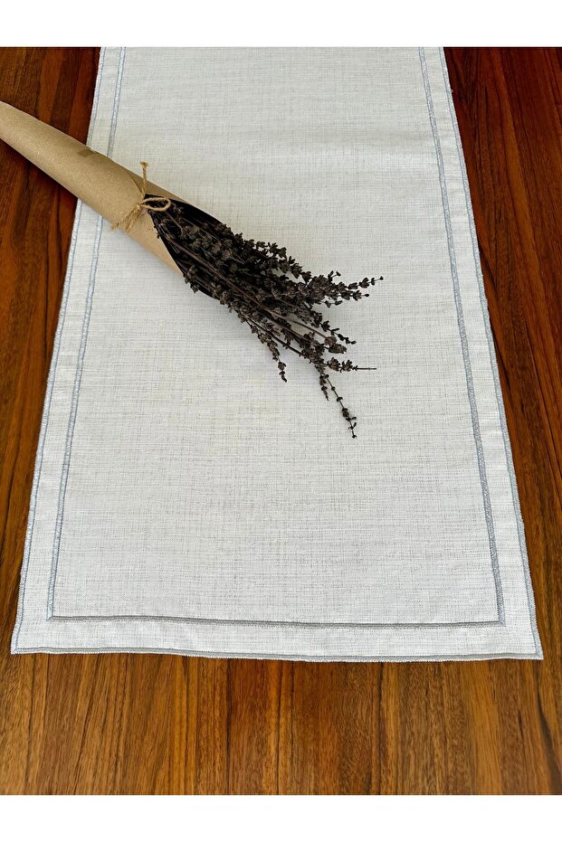 Double Row Silver Embroidered Linen Runner