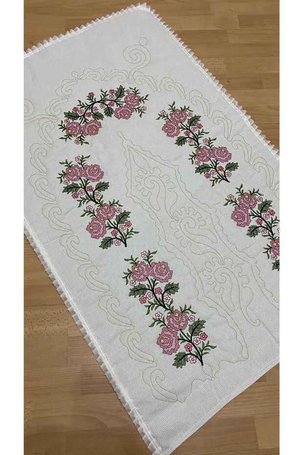 Ecru*powder Dowry Box Canvas Etamine Embroidered 100% Cotton Linen Prayer Rug