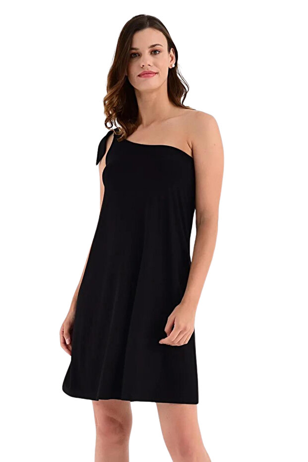 Kadın Siyah Tek Omuzdan Bağlamalı Elbise 20L6804 - 5