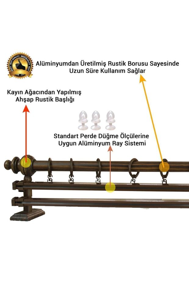 Ceviz Çift Raylı Ahşap Rustik Perde Askısı - Rustik Borusu 100 Cm - 2