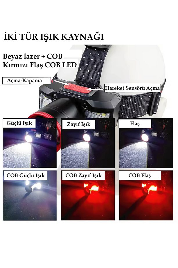 PS-2099 Hareket Sensörlü Şarjlı Kafa Lambası, Kırmızı Beyaz Işık LED 6 MOD Kafa Feneri 1500 Lümen - 5