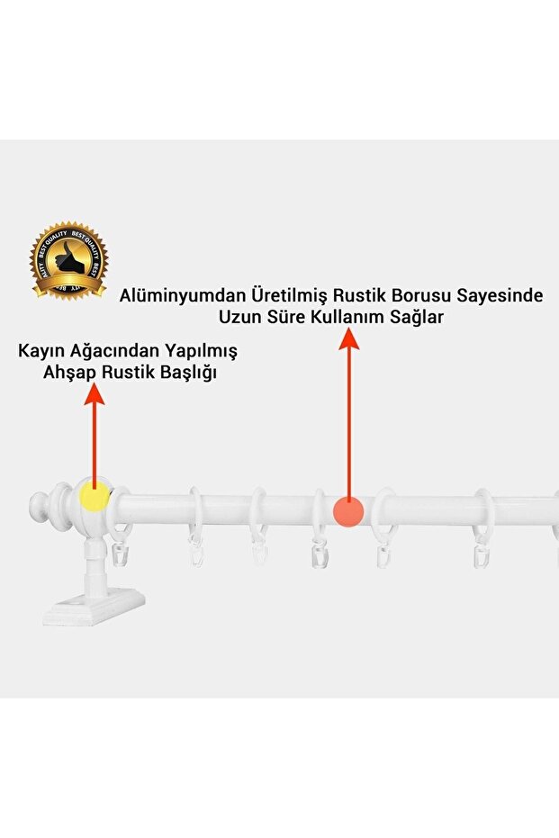 Beyaz Raysız Ahşap Rustik Perde Askısı - Rustik Borusu 300 Cm - 2